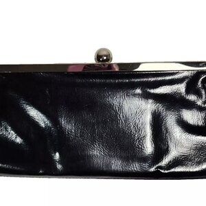 Style & Co Black Faux Patent Magnetic Fold Over Clutch Purse Kiss Lock Retro